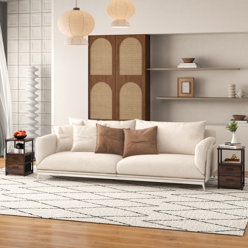 3-Tier Retro Nightstand with 2 Removable Fabric Drawers and Open Shelf Storage