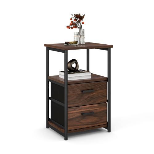 3-Tier Retro Nightstand with 2 Removable Fabric Drawers and Open Shelf Storage