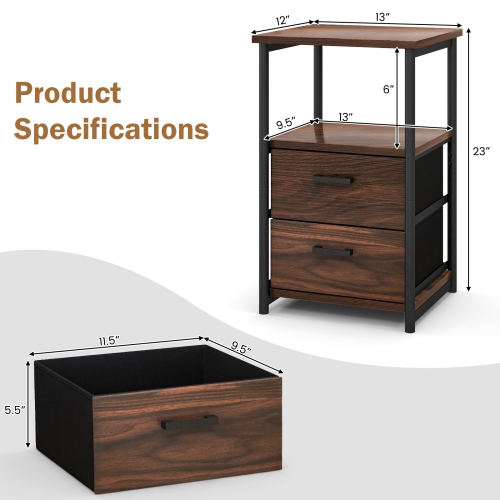 3-Tier Retro Nightstand with 2 Removable Fabric Drawers and Open Shelf Storage