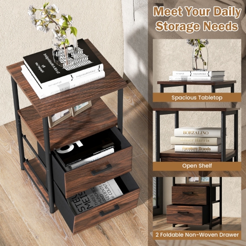 3-Tier Retro Nightstand with 2 Removable Fabric Drawers and Open Shelf Storage