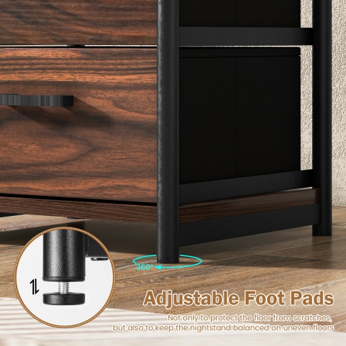 3-Tier Retro Nightstand with 2 Removable Fabric Drawers and Open Shelf Storage