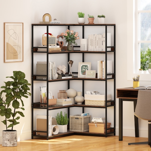 5-Tier Corner Bookshelf, L-Shaped Bookcase with Metal Frame for Home or Office