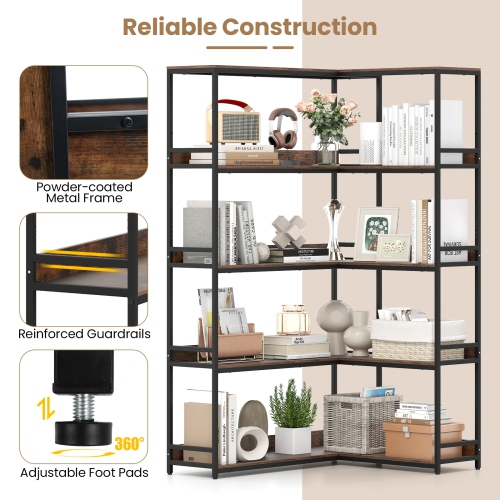 5-Tier Corner Bookshelf, L-Shaped Bookcase with Metal Frame for Home or Office