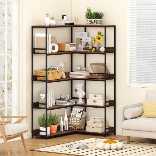 5-Tier Corner Bookshelf, L-Shaped Bookcase with Metal Frame for Home or Office