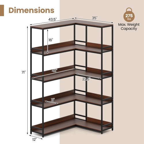 5-Tier Corner Bookshelf, L-Shaped Bookcase with Metal Frame for Home or Office