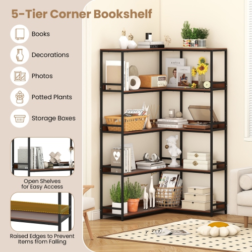 5-Tier Corner Bookshelf, L-Shaped Bookcase with Metal Frame for Home or Office