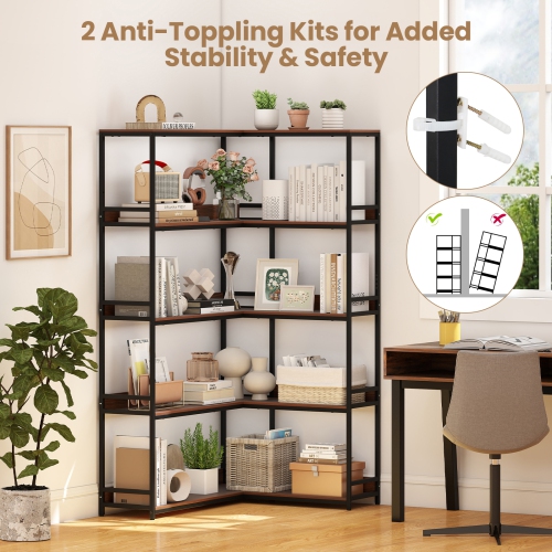 5-Tier Corner Bookshelf, L-Shaped Bookcase with Metal Frame for Home or Office