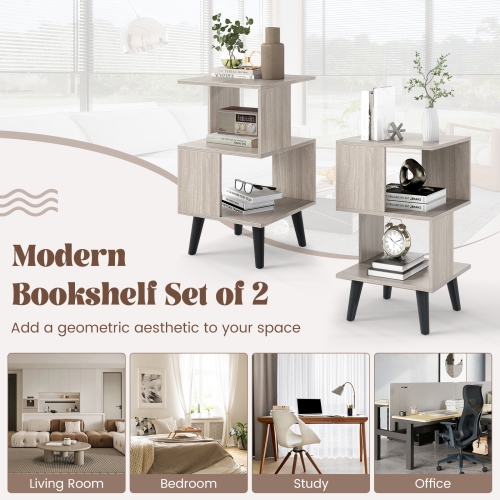 3-Tier Geometric Bookshelf Set of 2, Open Shelf Storage for Home or Office