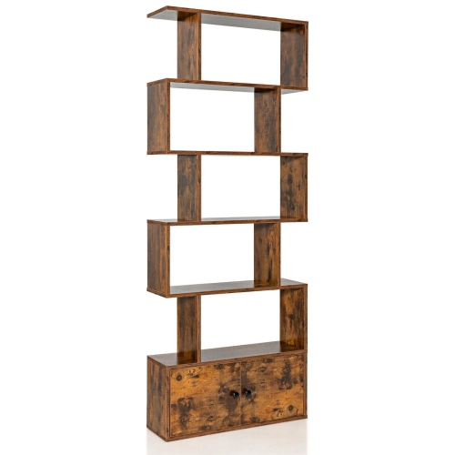 6-Tier S-Shaped Freestanding Bookshelf with Cabinet and Doors for Storage