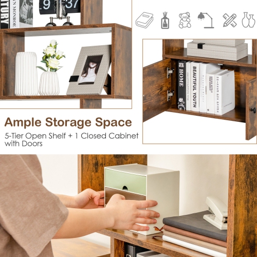 6-Tier S-Shaped Freestanding Bookshelf with Cabinet and Doors for Storage