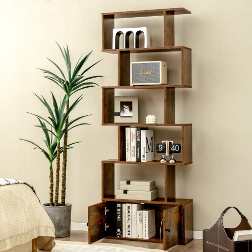 6-Tier S-Shaped Freestanding Bookshelf with Cabinet and Doors for Storage