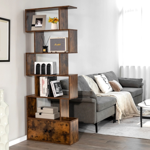 6-Tier S-Shaped Freestanding Bookshelf with Cabinet and Doors for Storage