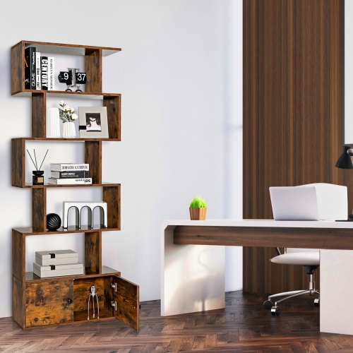 6-Tier S-Shaped Freestanding Bookshelf with Cabinet and Doors for Storage