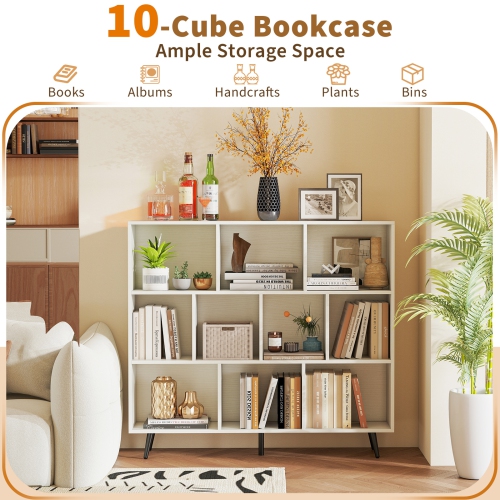 10-Cube Bookcase with 5 Tapered Metal Legs for Modern Home Storage