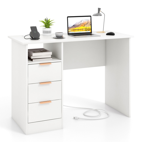 Desk for Home Office with Power Outlet, 3 Drawers, and Open Storage Compartment