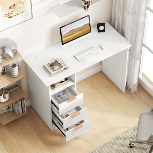 Desk for Home Office with Power Outlet, 3 Drawers, and Open Storage Compartment