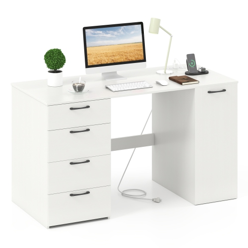 Computer Desk with Power Outlets and 4 Storage Drawers for Home Office