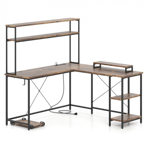 SLICKBLUE  L-Shaped Reversible Gaming Desk With Led Strip, Power Outlets, And Monitor Stand