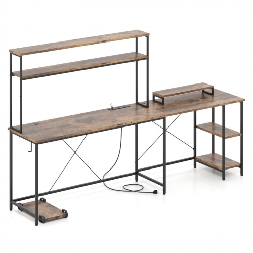 L-Shaped Reversible Gaming Desk with LED Strip, Power Outlets, and Monitor Stand