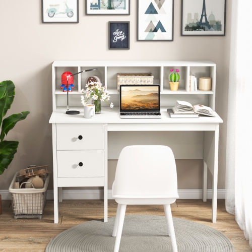 Computer Desk with Drawers, Power Outlets, and 5-Cubby Hutch for Office Storage