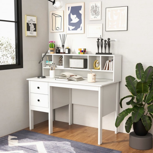 Computer Desk with Drawers, Power Outlets, and 5-Cubby Hutch for Office Storage