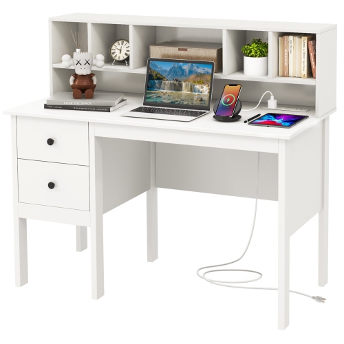 Computer Desk with Drawers, Power Outlets, and 5-Cubby Hutch for Office Storage