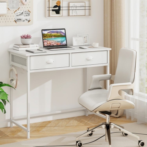 Space-Saving Home Office Desk with 2 Fabric Drawers & 4 Hanging Hooks