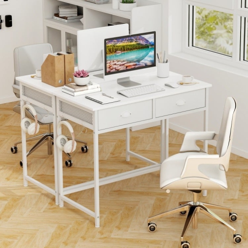 Space-Saving Home Office Desk with 2 Fabric Drawers & 4 Hanging Hooks
