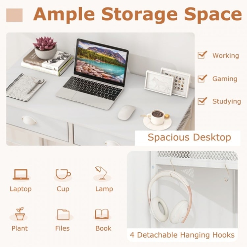 Space-Saving Home Office Desk with 2 Fabric Drawers & 4 Hanging Hooks