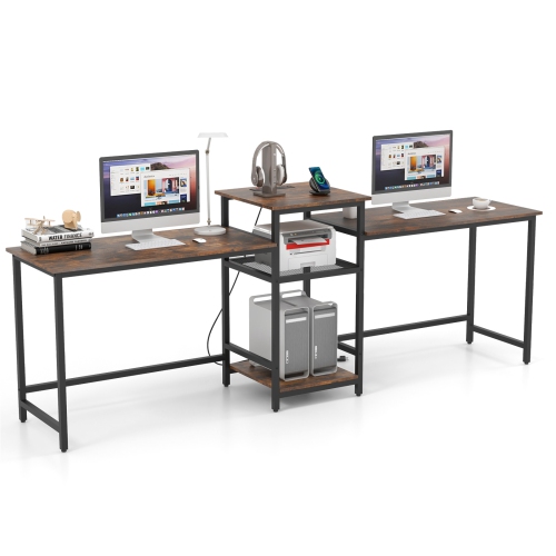 2-Person Computer Desk with Power Outlet and Printer Stand for Shared Workspace