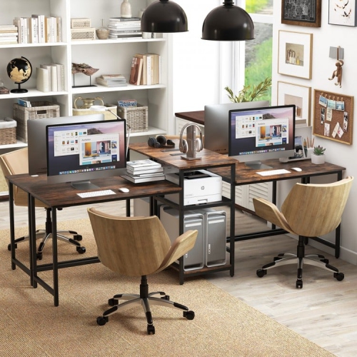 2-Person Computer Desk with Power Outlet and Printer Stand for Shared Workspace