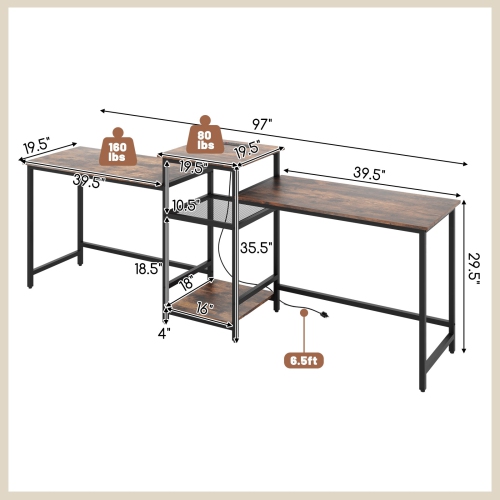 2-Person Computer Desk with Power Outlet and Printer Stand for Shared Workspace