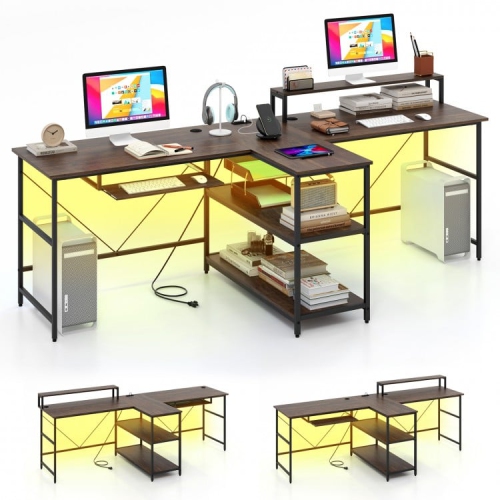 Bureau d'ordinateur réversible pour 2&nbsp;personnes avec lampes LED, long bureau pour espace de travail partagé