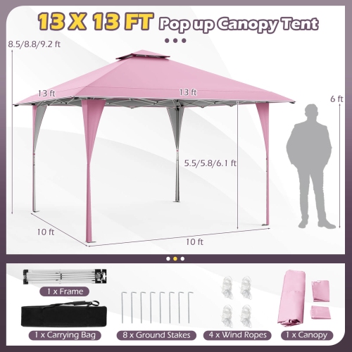 Costway 13 X 13 FT Pop up Gazebo Outdoor Canopy Tent with Portable Carrying Bag 8 Stakes Pink/Gray/Beige/Khaki