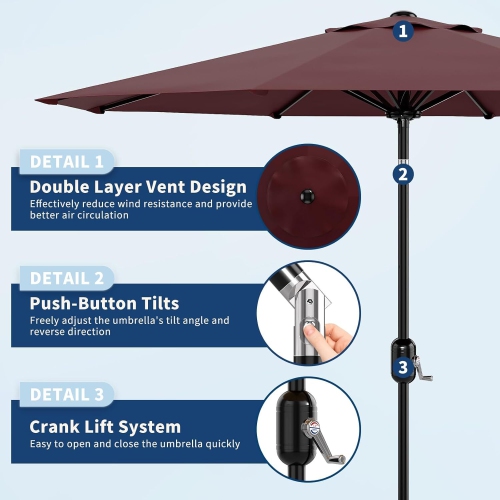9-FT Outdoor UV-Resistant Patio Umbrella with Tilt Button & Crank Handle for Garden, Backyard, Poolside