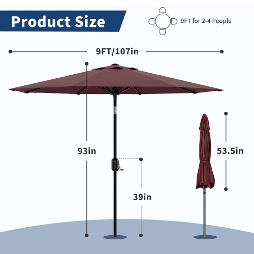 9-FT Outdoor UV-Resistant Patio Umbrella with Tilt Button & Crank Handle for Garden, Backyard, Poolside