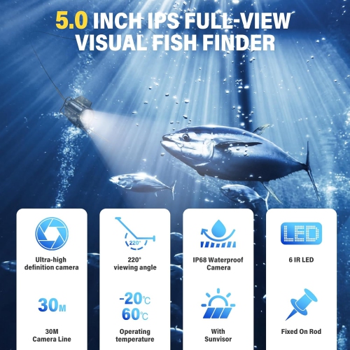 Détecteur de poisson Caméra sous-marine Pêche grand-angle Vision nocturne infrarouge Hôte IP65 étanche avec écran IPS de 5&nbsp;po pour glace,