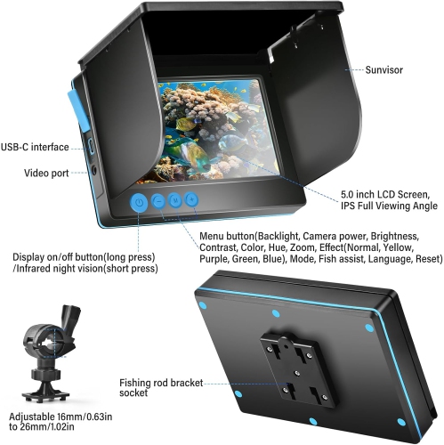 Détecteur de poisson Caméra sous-marine Pêche grand-angle Vision nocturne infrarouge Hôte IP65 étanche avec écran IPS de 5&nbsp;po pour glace,