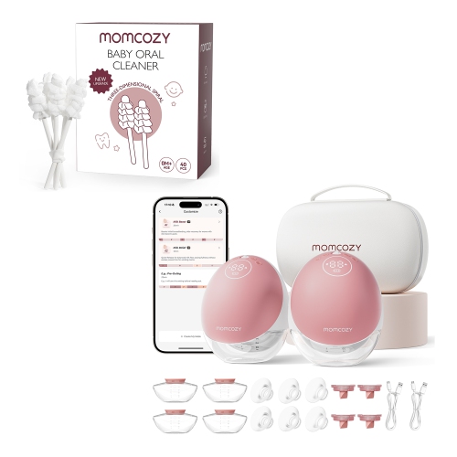 Momcozy Breast Pump Hands Free Upgraded Mobile Flow | M9, App Discreet Control Electric Breast Pump & Momcozy Baby Tongue Cleaner Gauze 40 Count