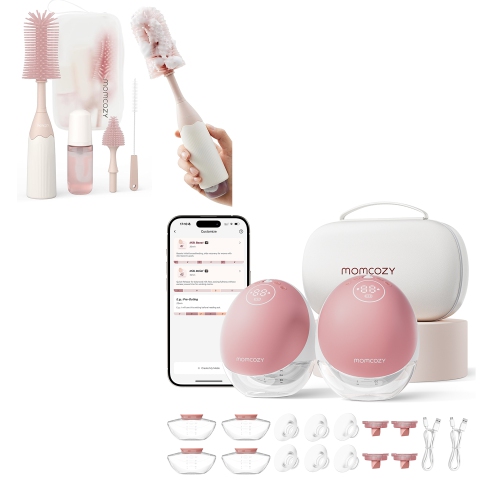 Momcozy Breast Pump Hands Free Upgraded Mobile Flow | M9, App Discreet Control Electric Breast Pump & Momcozy Bottle Brush Kit, Innovative Push-Press