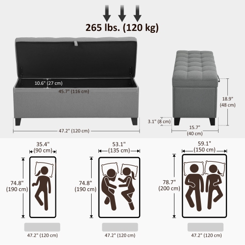 HOMCOM – Banc pouf de rangement, repose-pieds avec charnières et pattes de sécurité, banc d'extrémité, coffre de rangement en lin de 47 po pour