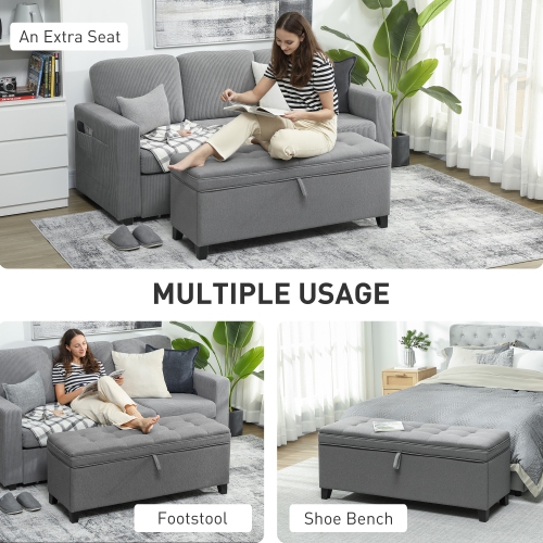 HOMCOM – Banc pouf de rangement, repose-pieds avec charnières et pattes de sécurité, banc d'extrémité, coffre de rangement en lin de 47 po pour