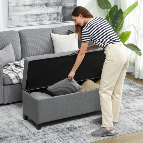 HOMCOM – Banc pouf de rangement, repose-pieds avec charnières et pattes de sécurité, banc d'extrémité, coffre de rangement en lin de 47 po pour