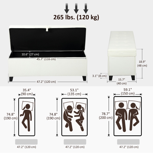 HOMCOM – Banc pouf de rangement, repose-pieds avec charnières et pattes de sécurité, banc d'extrémité, coffre de rangement en lin de 47 po pour