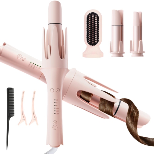 4 in 1 Automatic Curling Iron with 3 Ceramic Barrel & Hair Straightener Brush,Wave Curling Wand,Portable Rotating Curler & Straightening Comb