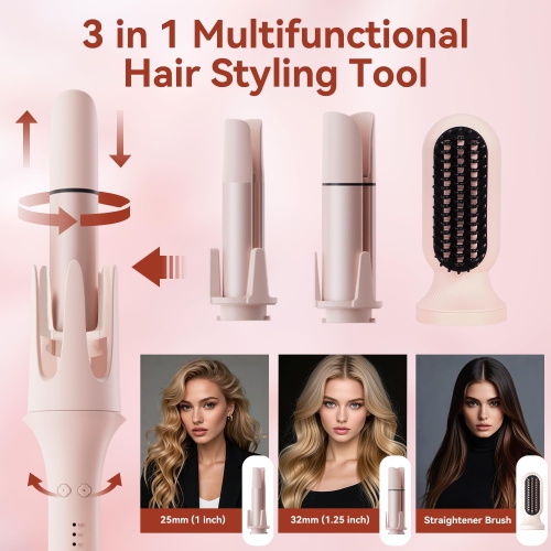 4 in 1 Automatic Curling Iron with 3 Ceramic Barrel & Hair Straightener Brush,Wave Curling Wand,Portable Rotating Curler & Straightening Comb