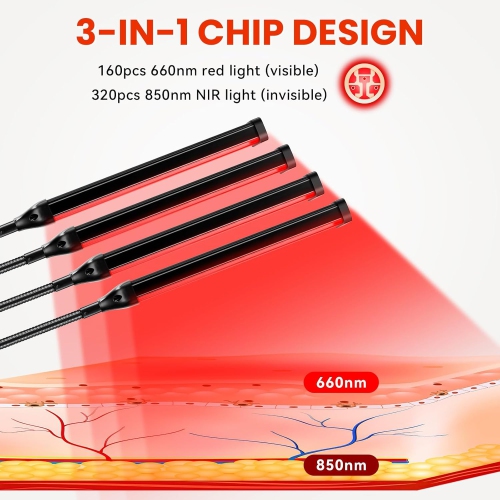 Lampe de thérapie à lumière rouge, appareil de thérapie à infrarouge pour le corps à 4 têtes avec support réglable, 660&nbsp;nm, appareil de