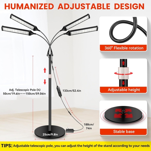 Lampe de thérapie à lumière rouge, appareil de thérapie à infrarouge pour le corps à 4 têtes avec support réglable, 660&nbsp;nm, appareil de