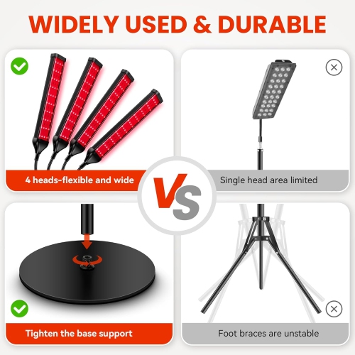 Lampe de thérapie à lumière rouge, appareil de thérapie à infrarouge pour le corps à 4 têtes avec support réglable, 660&nbsp;nm, appareil de