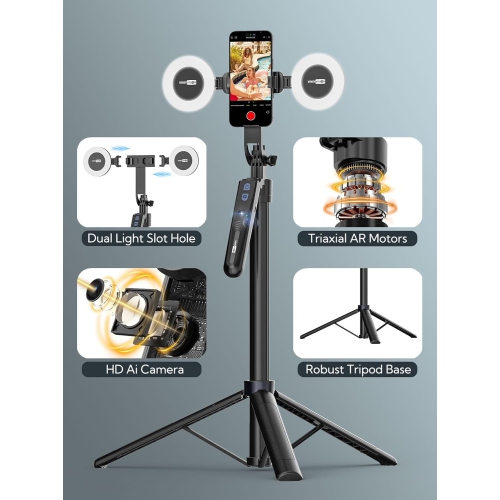 YOULIGHTS Auto Face Tracking Trépied Rotation 360, Trépied téléphone pour iPhone avec lampe d'appoint, Perche à égoportrait